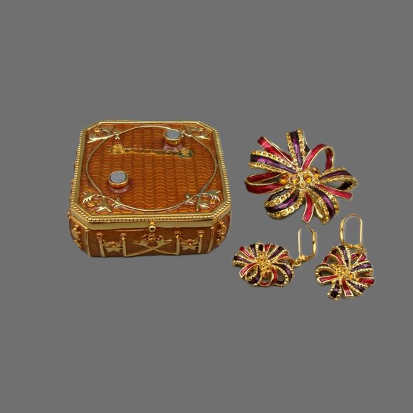 Joan Rivers Trinket Box w/ Brooch and Earrings, Gold and Enamel w/ Crystals, Vtg - Picture 7 of 10